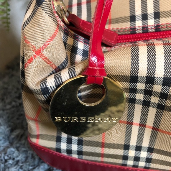 BURBERRY Vintage Red Leather Trim Haymarket Shoulder Bag Adjustable Strap - Picture 4 of 17